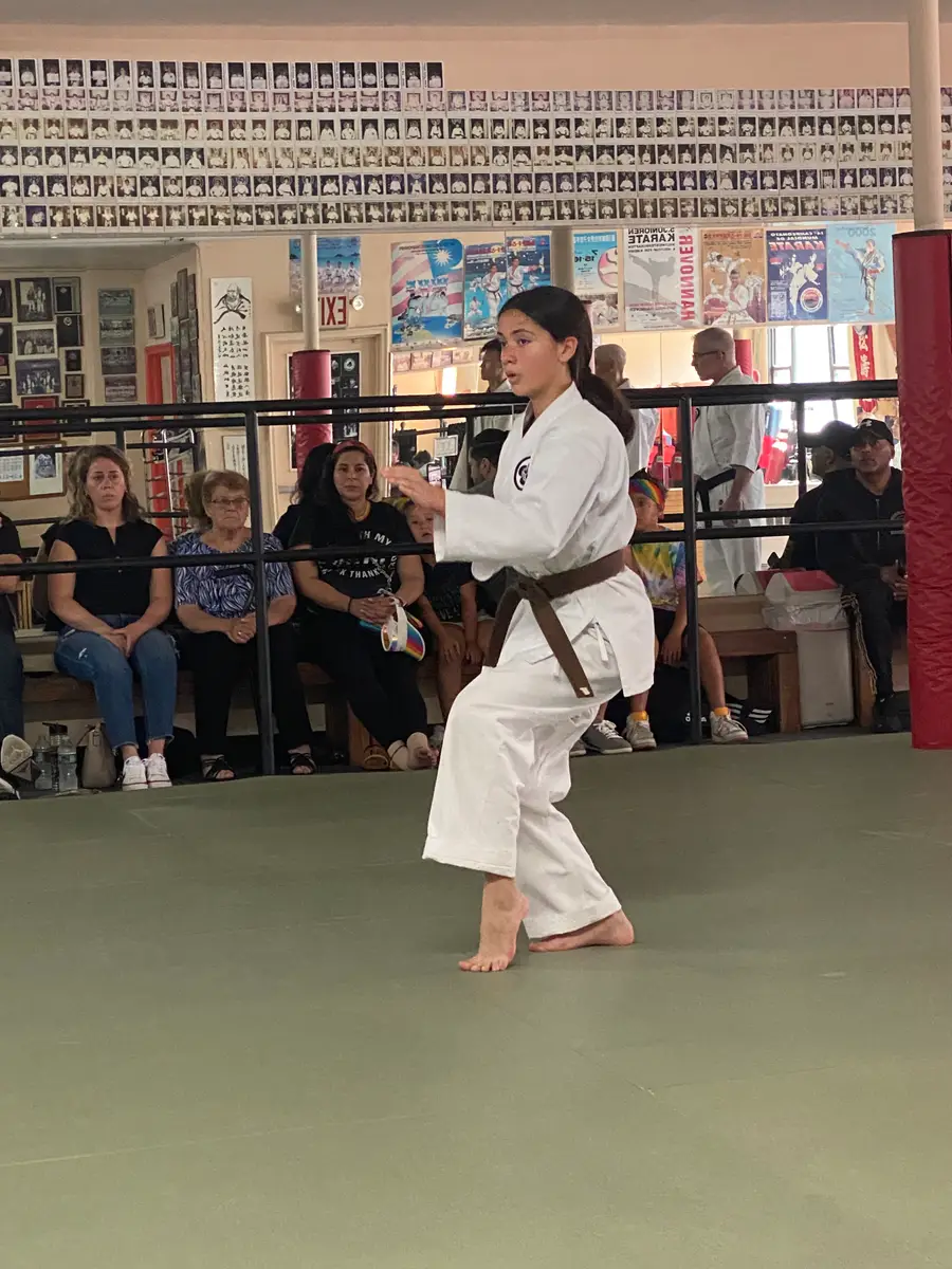 Brown-belt student performing kata for an audience