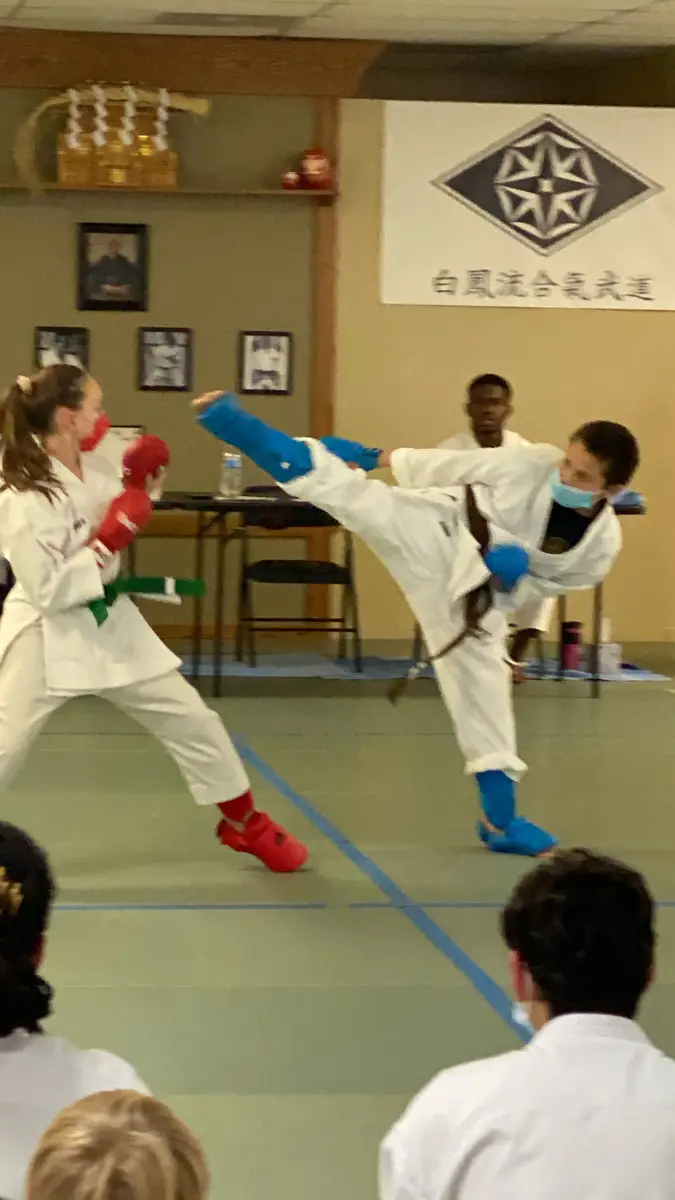 Two karate students sparring in red and blue protective gear