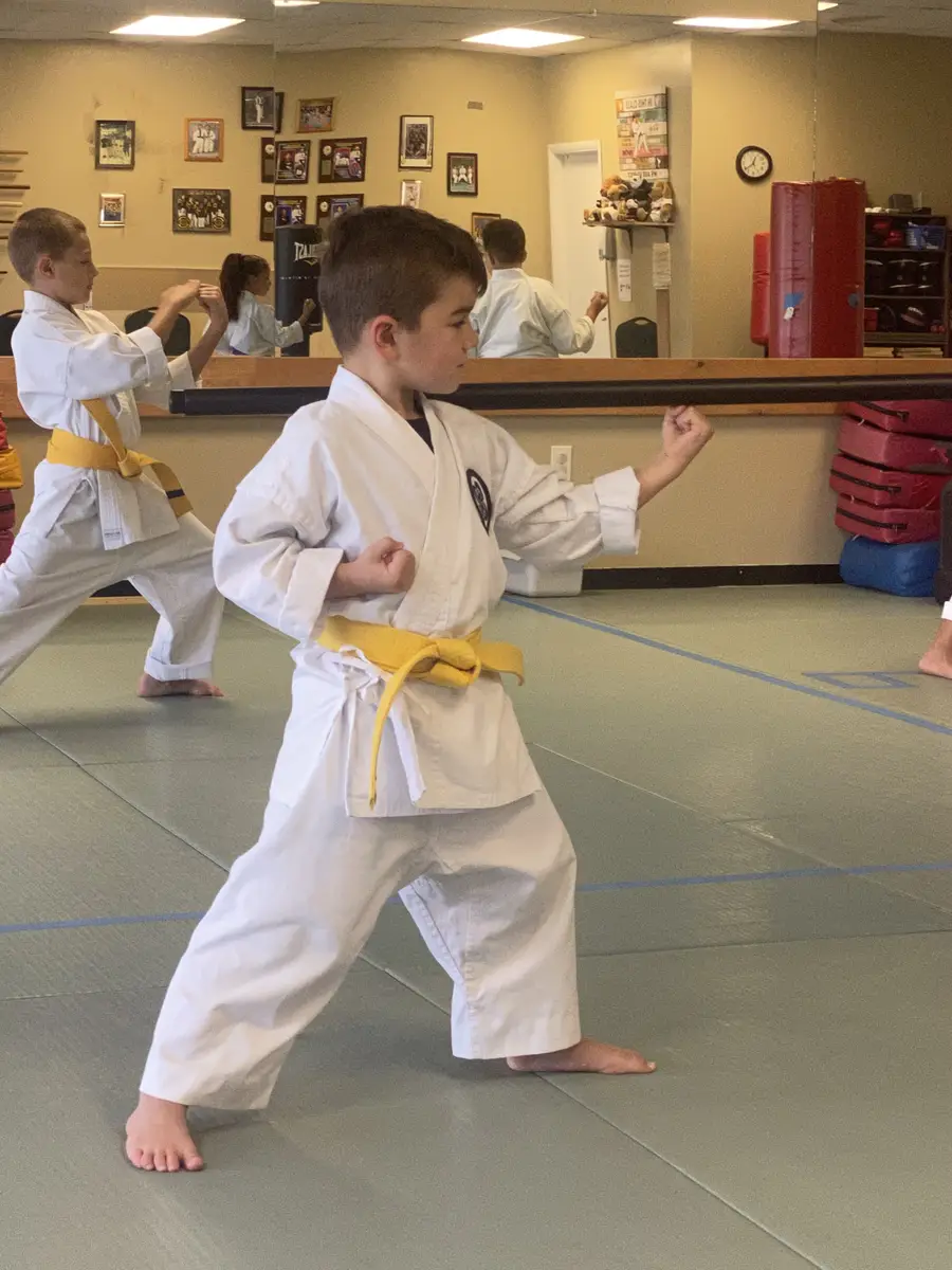 Young karate student practicing a front stance