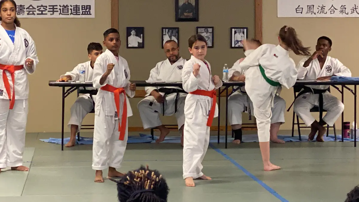 Youth students performing techniques for seated evaluators