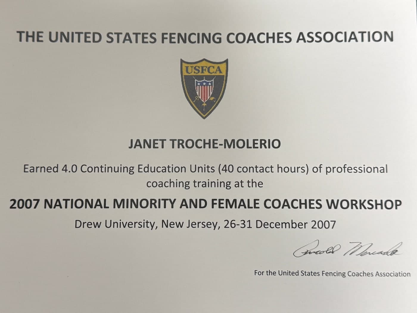 Janet Troche-Molerio's 2007 National Minority and Female Coaches Workshop certificate